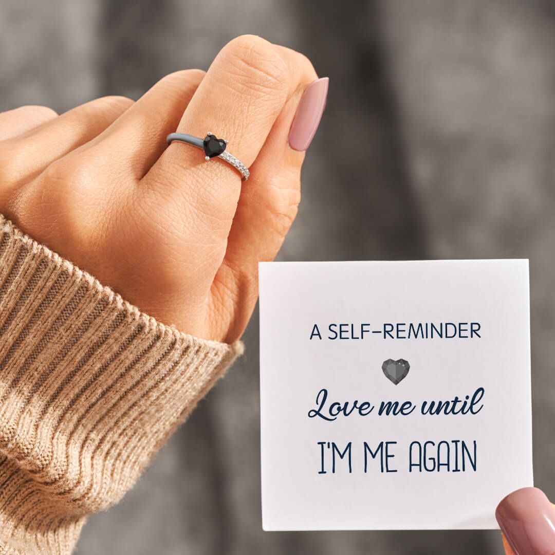 S925 Love Me Until Me Black Half Enamel Heart Ring
