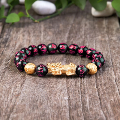 Pink Inscription Obsidian Pixiu Bracelet – Healing & Positive Energy Special Edition