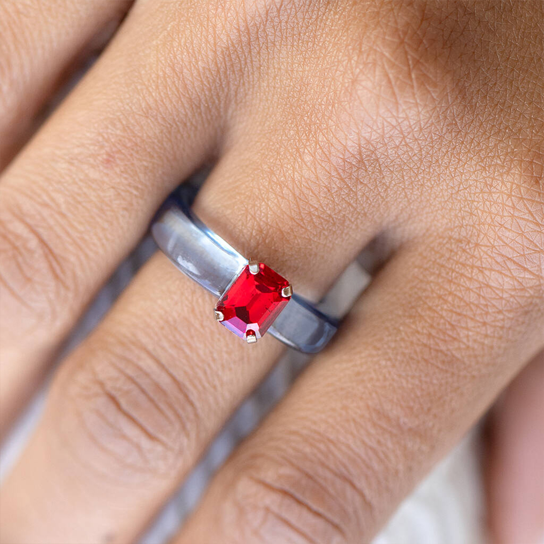 Diabetes Gift Blue Resin With Red Rhinestone Ring