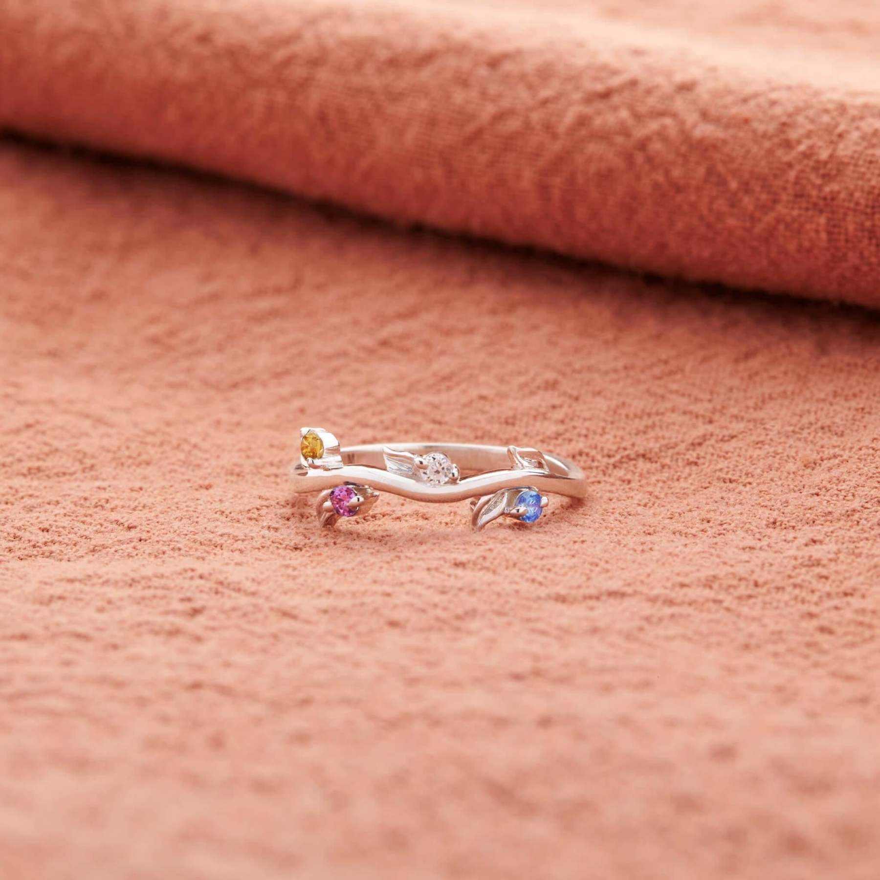 Personalized Grow Through Leaf 1-5 Birthstone Ring