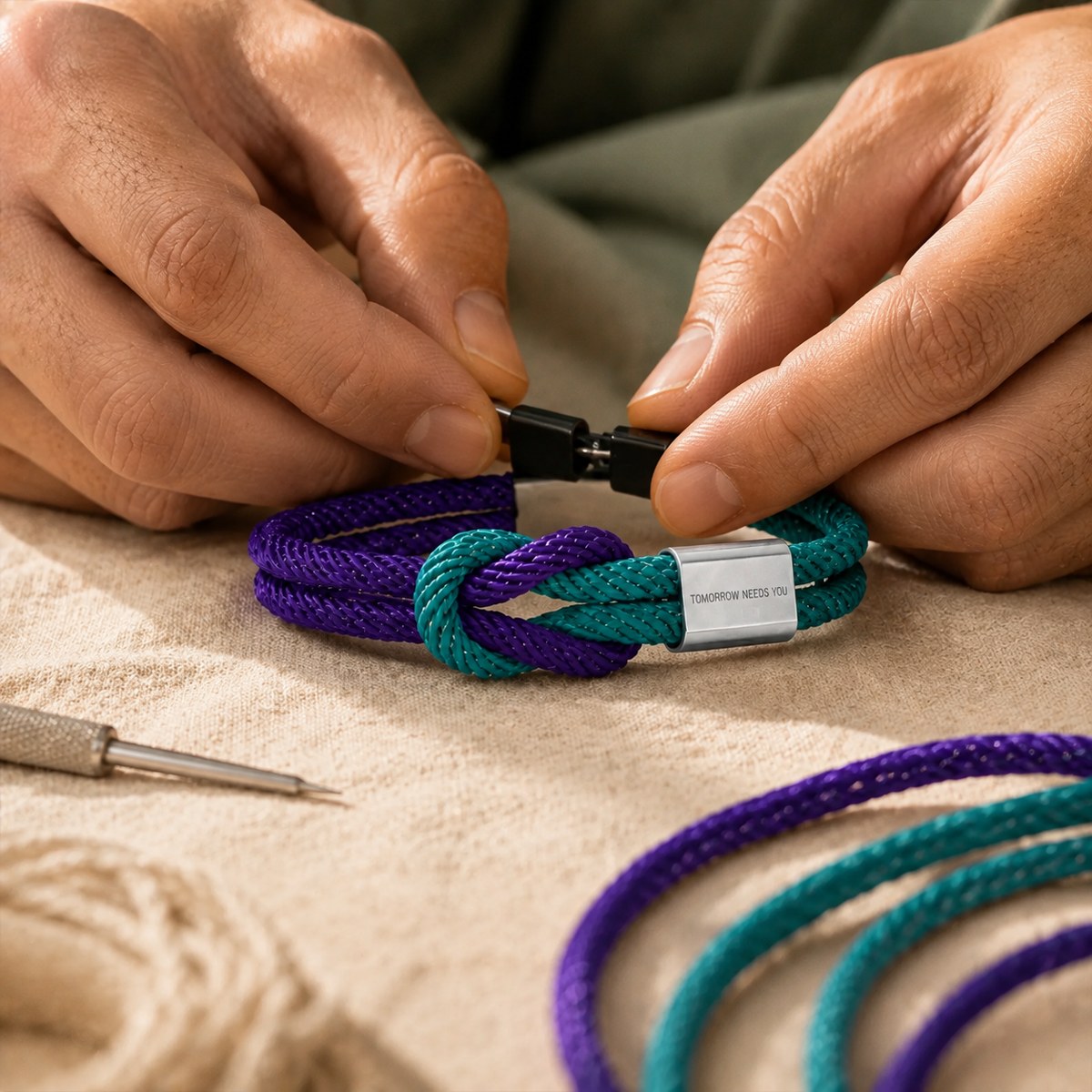 Hands assembling the engraved paracord bracelet