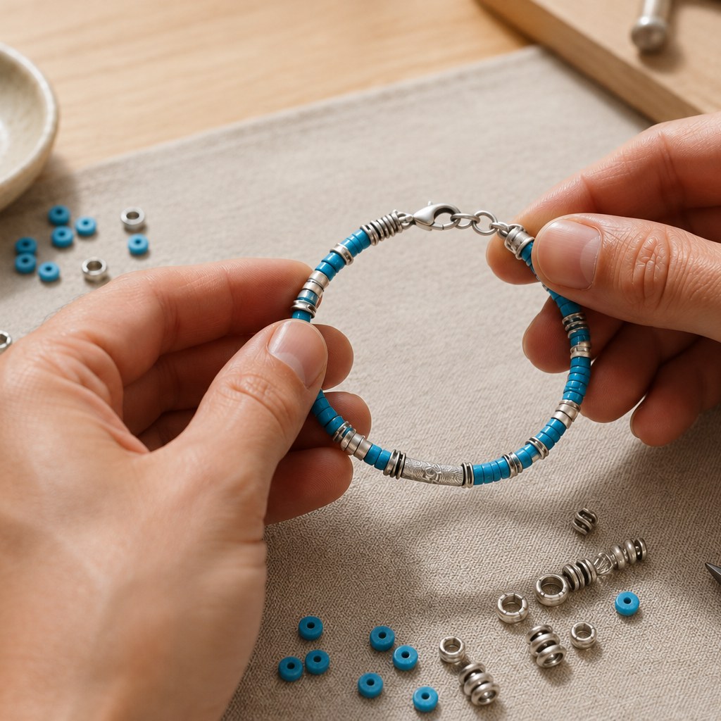 Hands assembling the bracelet bead by bead