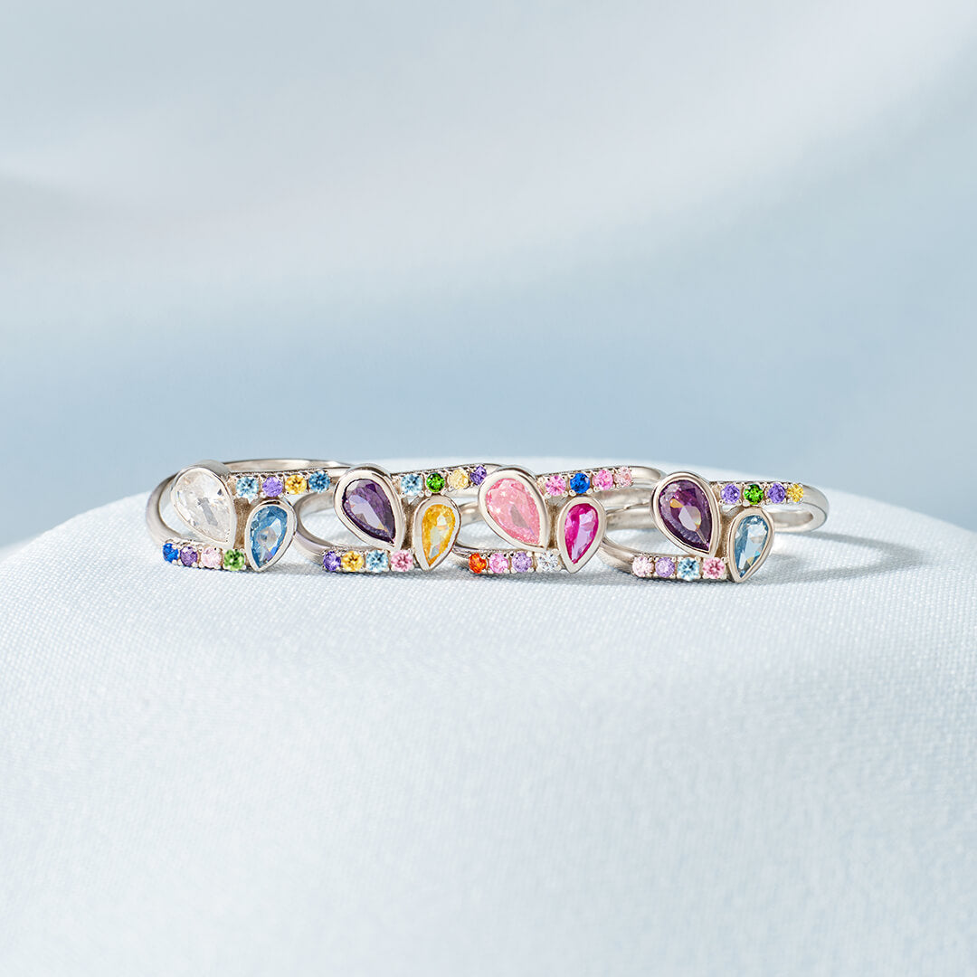 S925 Personalized Kids and Parents Birthstones Double drop Heart Ring