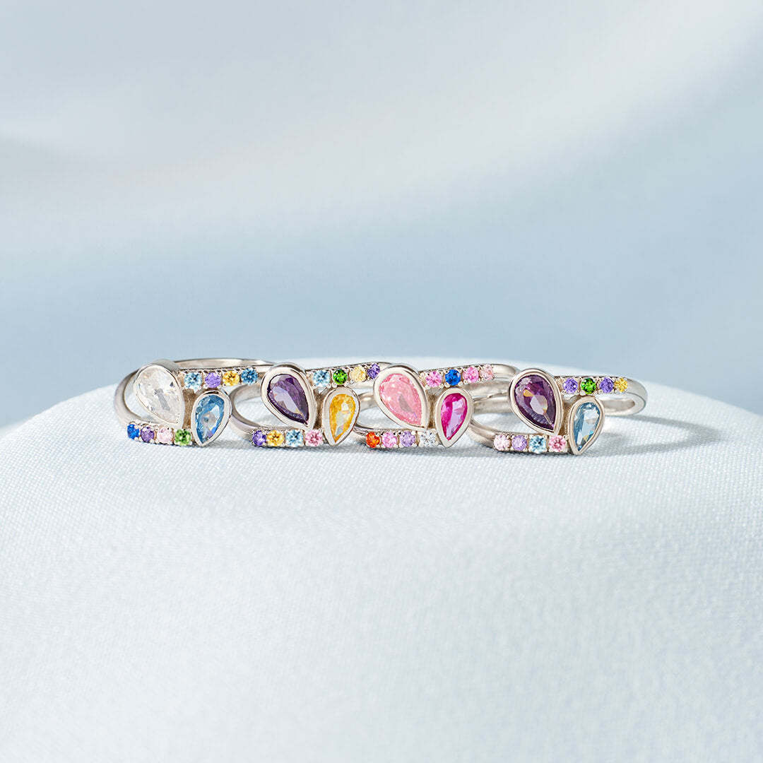 S925 Personalized Kids and Parents Birthstones Double drop Heart Ring