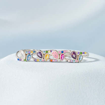 S925 Personalized Kids and Parents Birthstones Double drop Heart Ring