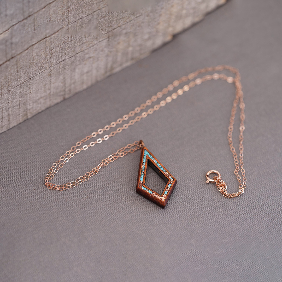 Turquoise and Copper Inlaid Koa Wood Teardrop Necklace