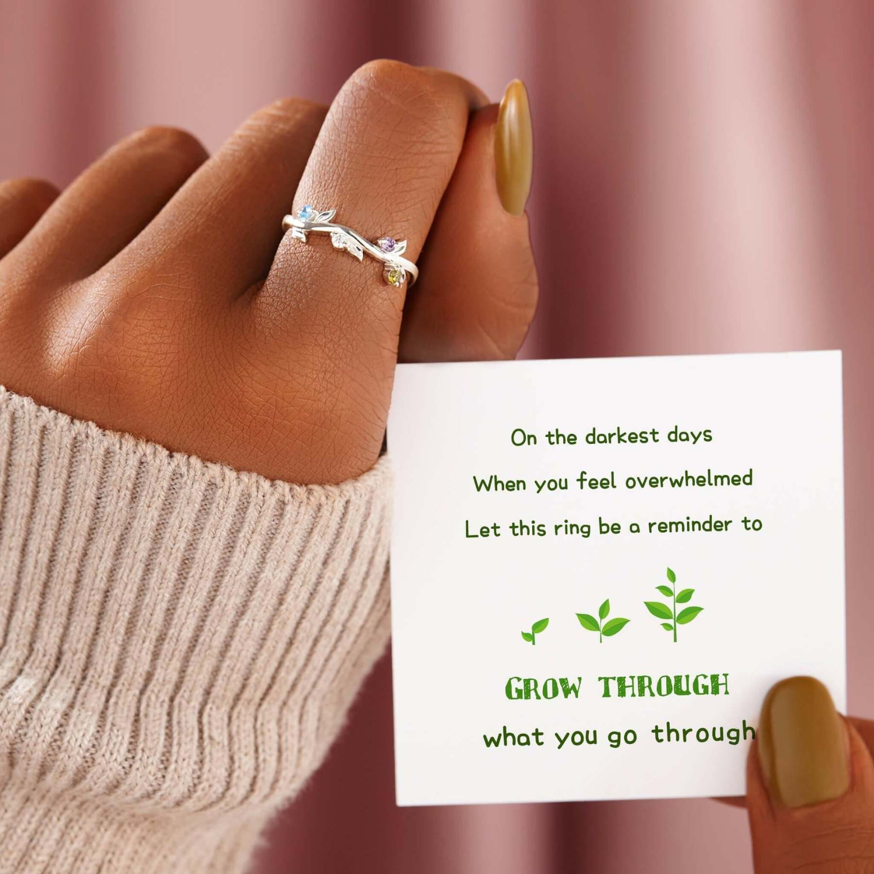 Personalized Grow Through Leaf 1-5 Birthstone Ring