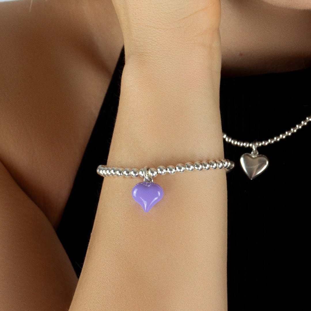 Lupus Awareness Silver Purple Puff Heart Charm Bracelet