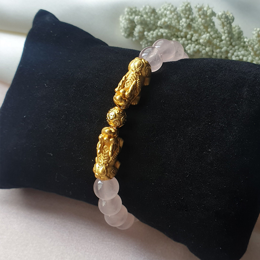 Brazilian Rose Quartz Double Pixiu Bracelet for Love, Wealth & Good Fortune