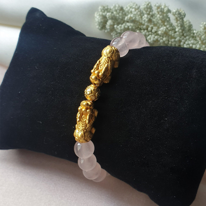 Brazilian Rose Quartz Double Pixiu Bracelet for Love, Wealth & Good Fortune