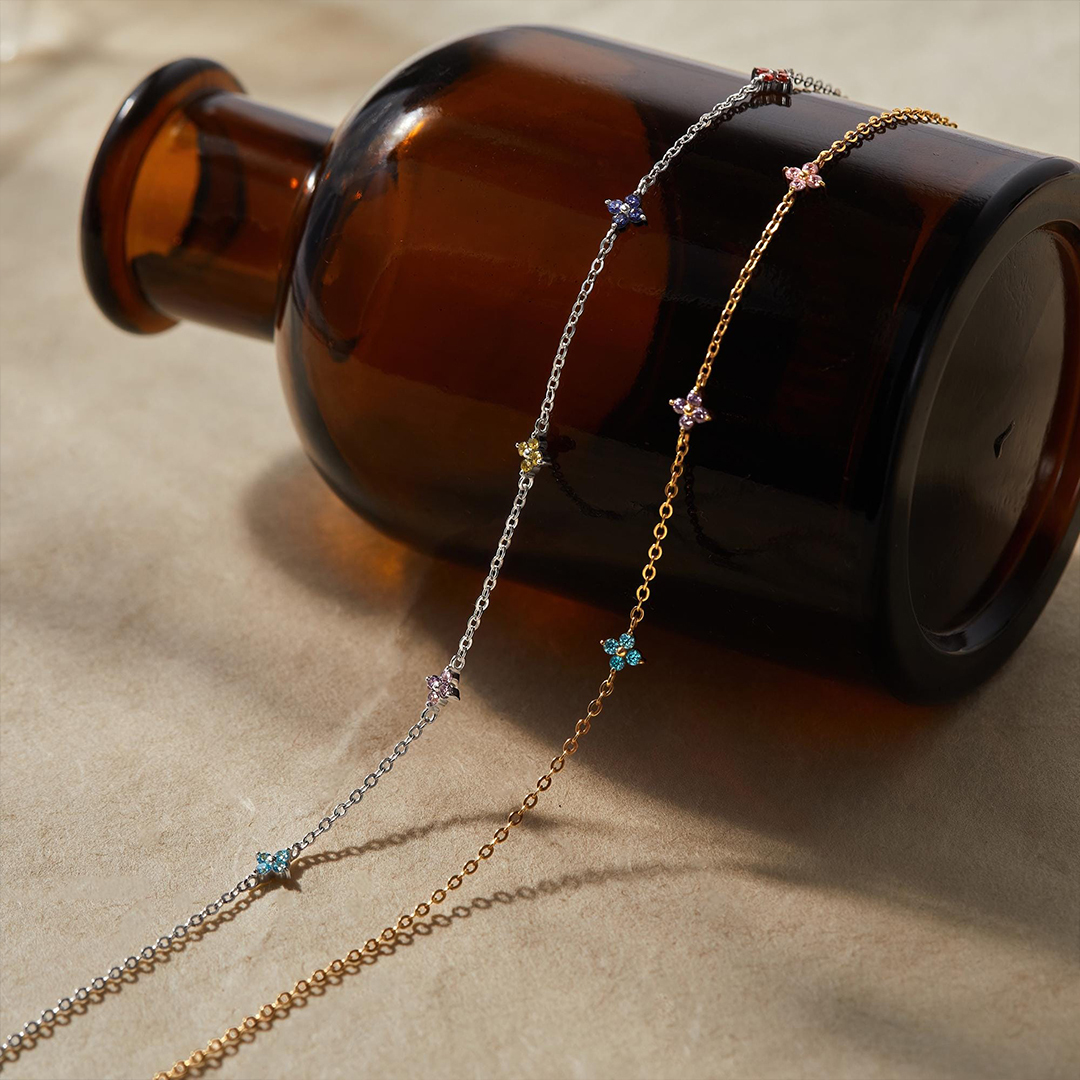 Personalized 1-6 Tiny Flower Shape Birthstones Family Necklace