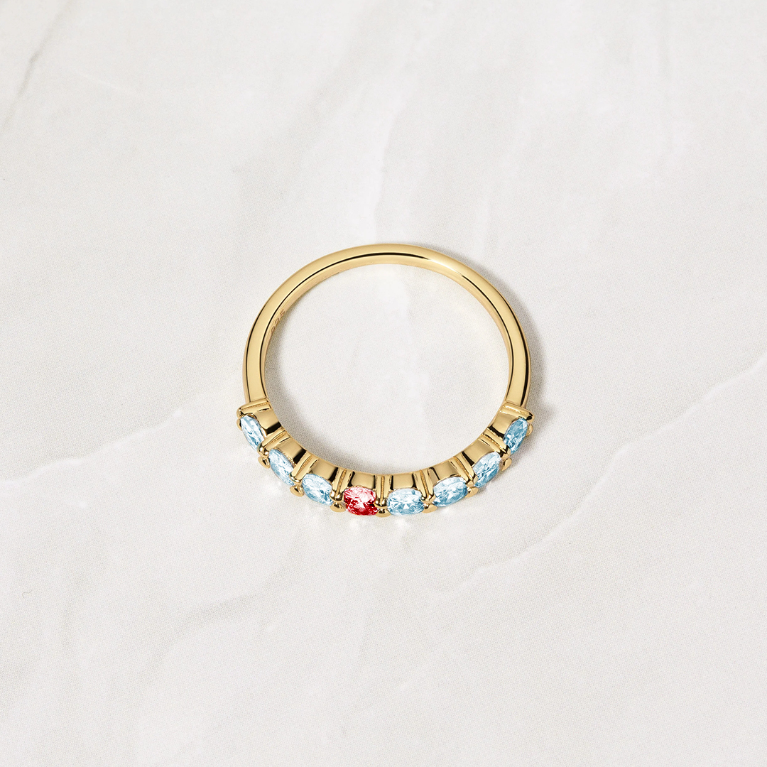 Diabetes Awareness Blue And Red Oval Diamonds Ring