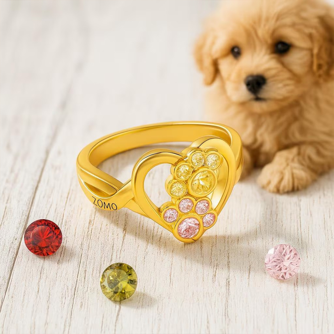 Personalized 1-3 Birthstones And Name Pawprints of Love Ring
