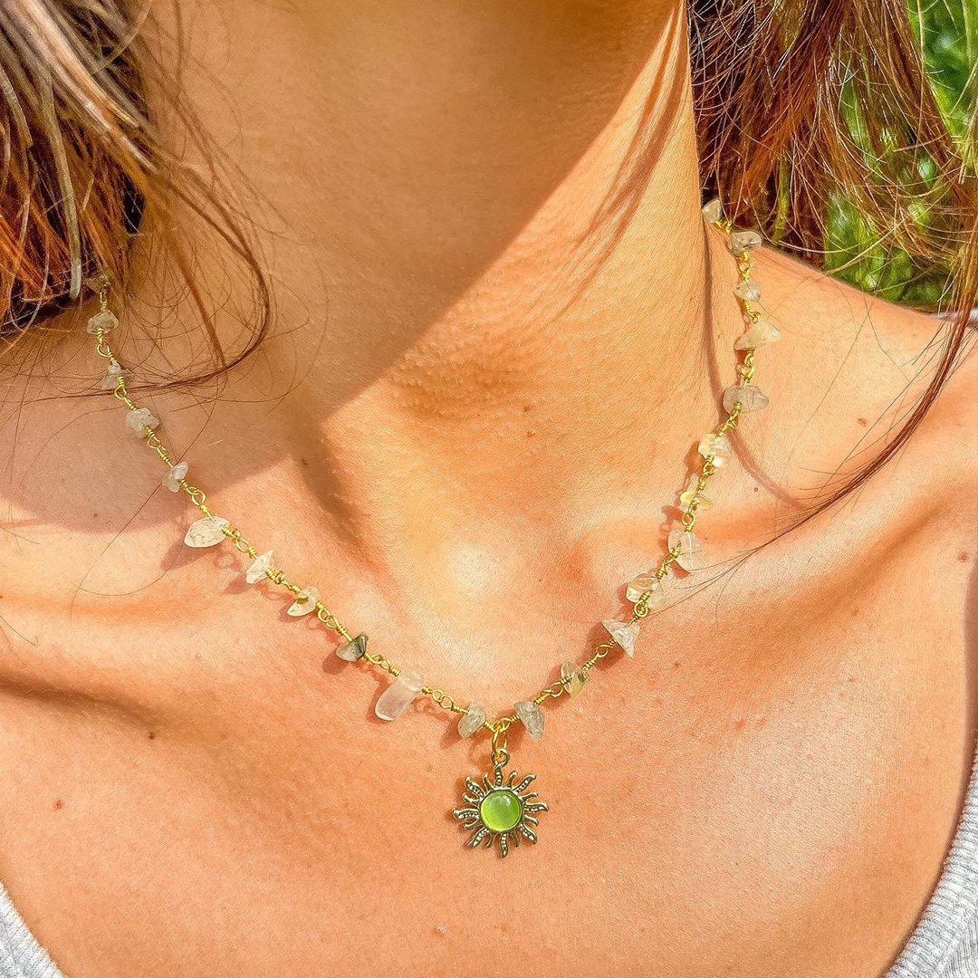 Kidney Disease Awareness Prehnite Gold Sun Crystal Necklace