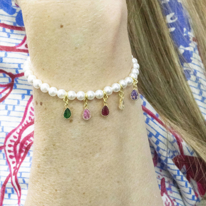 Custom 1-6 Teardrop Birthstones Pearl Bracelet