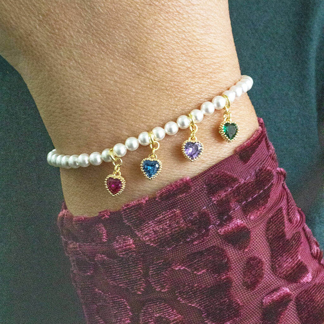 Custom 1-6 Heart Birthstones Pearl Bracelet