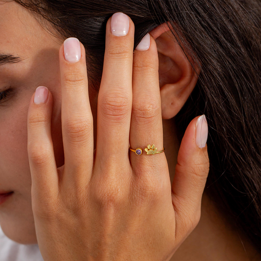 Custom Engraved Paw Birthstone Ring