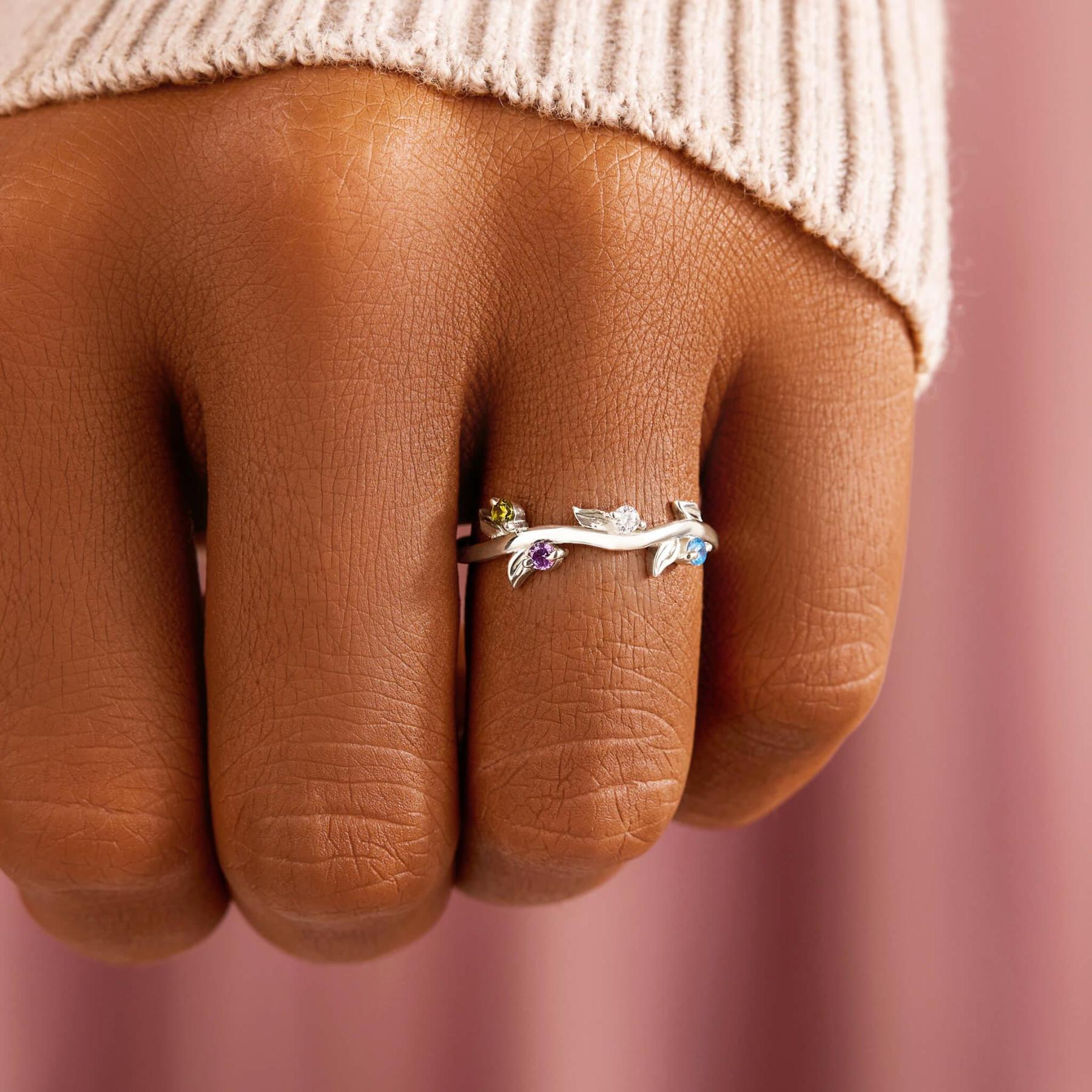 Personalized Grow Through Leaf 1-5 Birthstone Ring