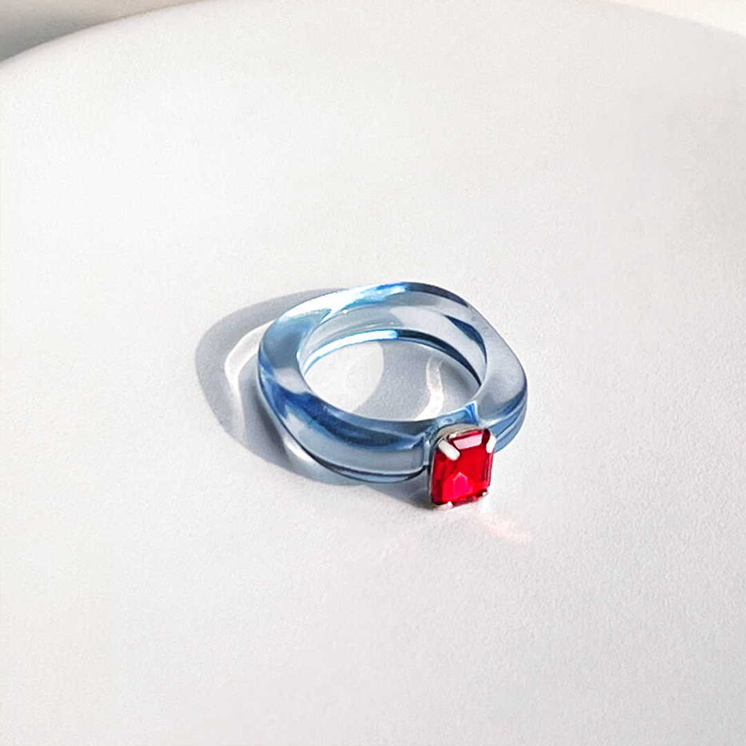 Diabetes Gift Blue Resin With Red Rhinestone Ring
