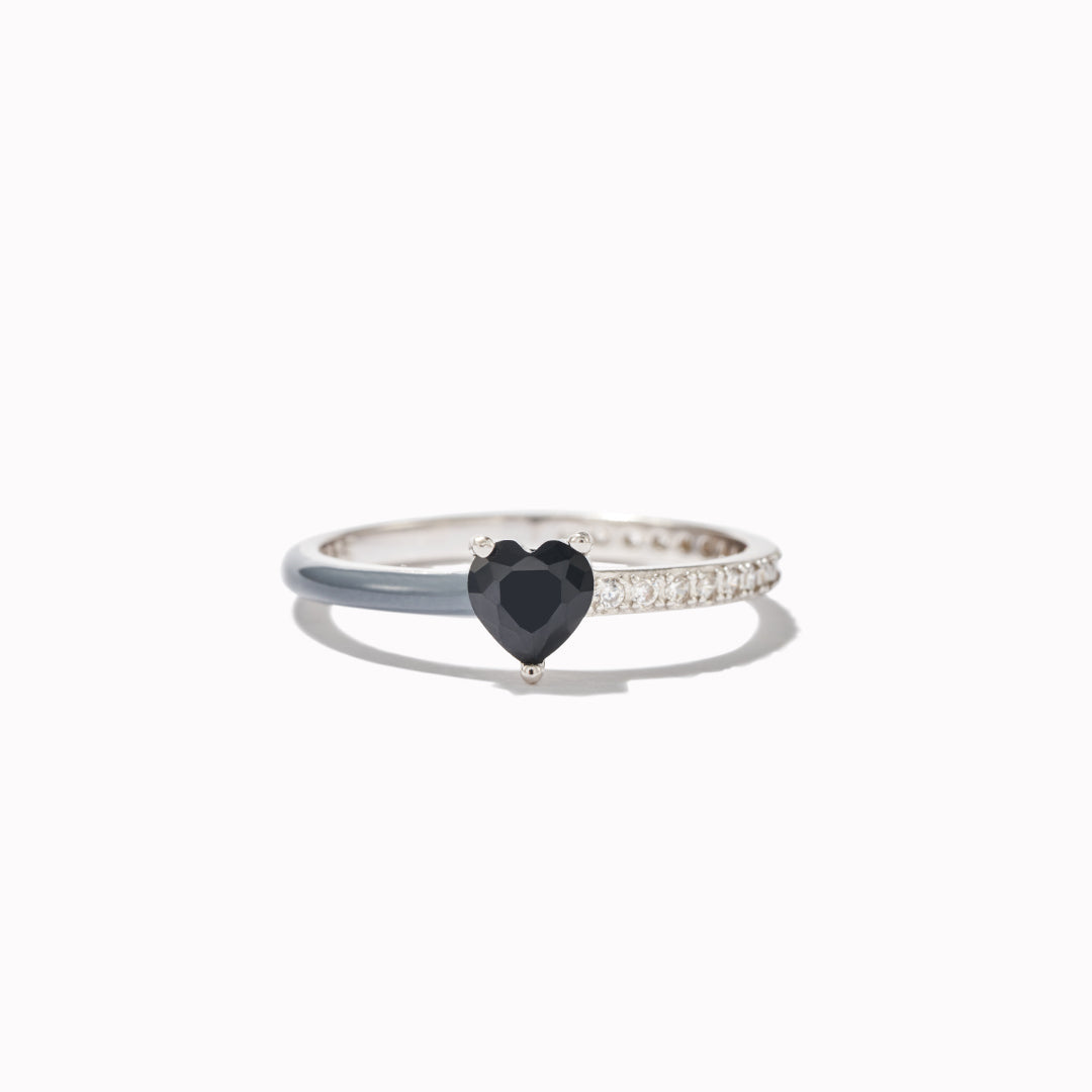 S925 Love Me Until Me Black Half Enamel Heart Ring