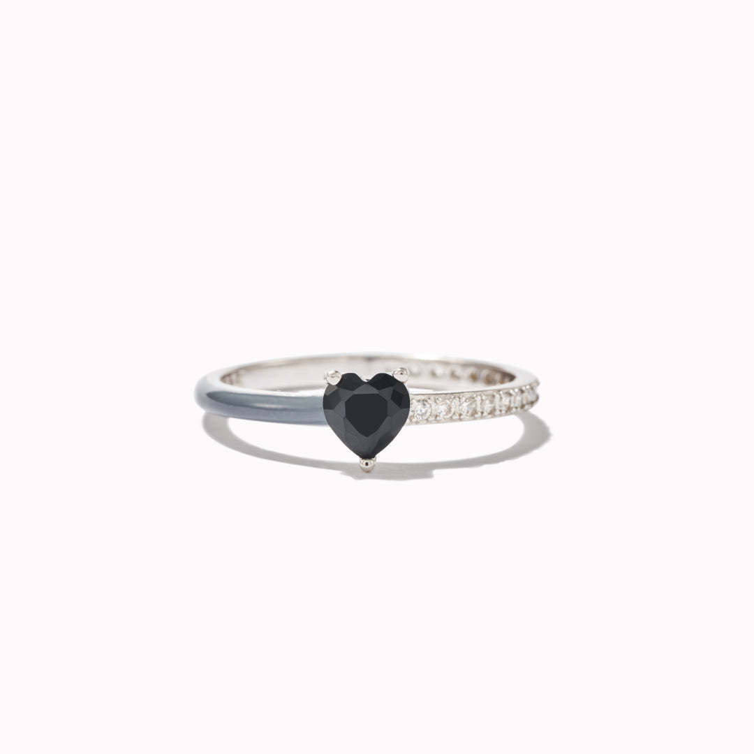 S925 Love Me Until Me Black Half Enamel Heart Ring
