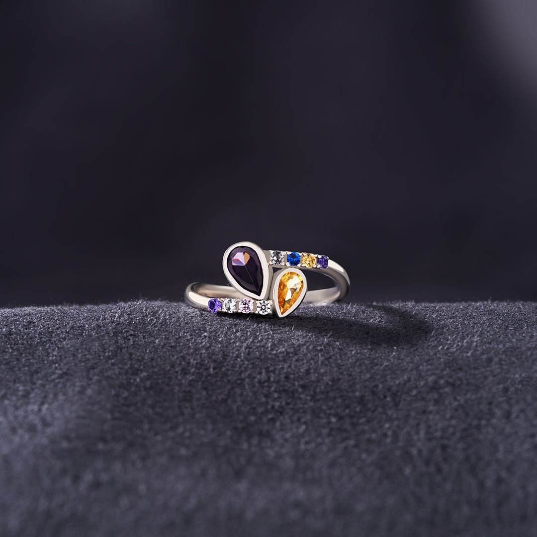 S925 Personalized Kids and Parents Birthstones Double drop Heart Ring