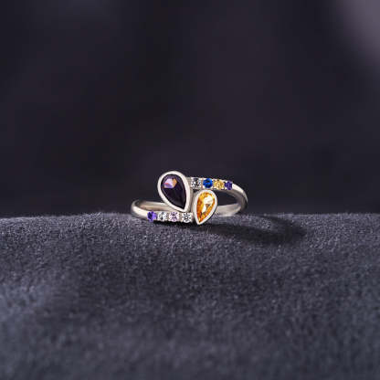 S925 Personalized Kids and Parents Birthstones Double drop Heart Ring