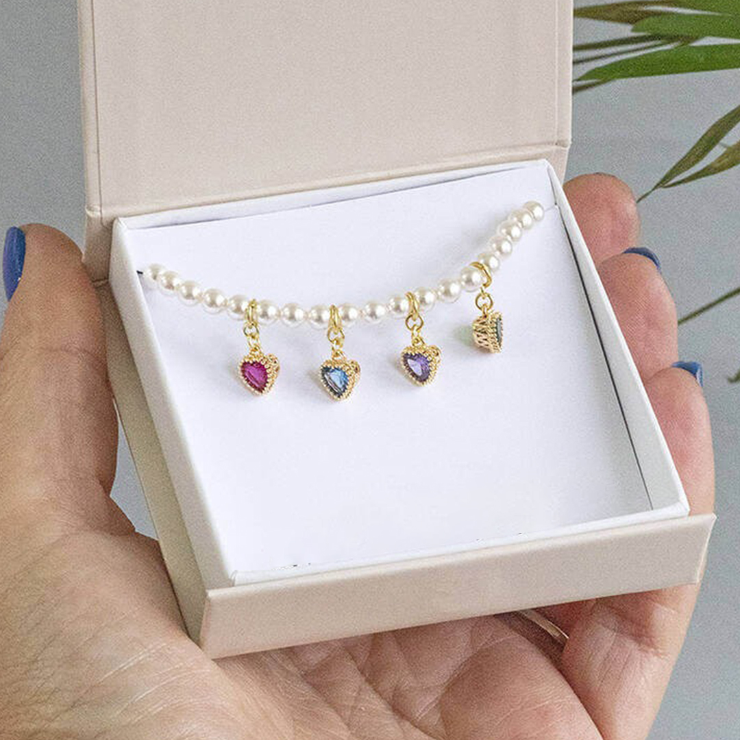 Custom 1-6 Heart Birthstones Pearl Bracelet