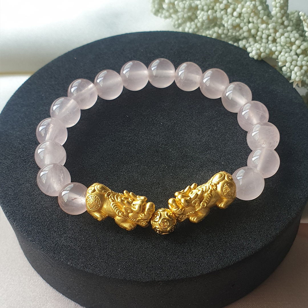 Brazilian Rose Quartz Double Pixiu Bracelet for Love, Wealth & Good Fortune