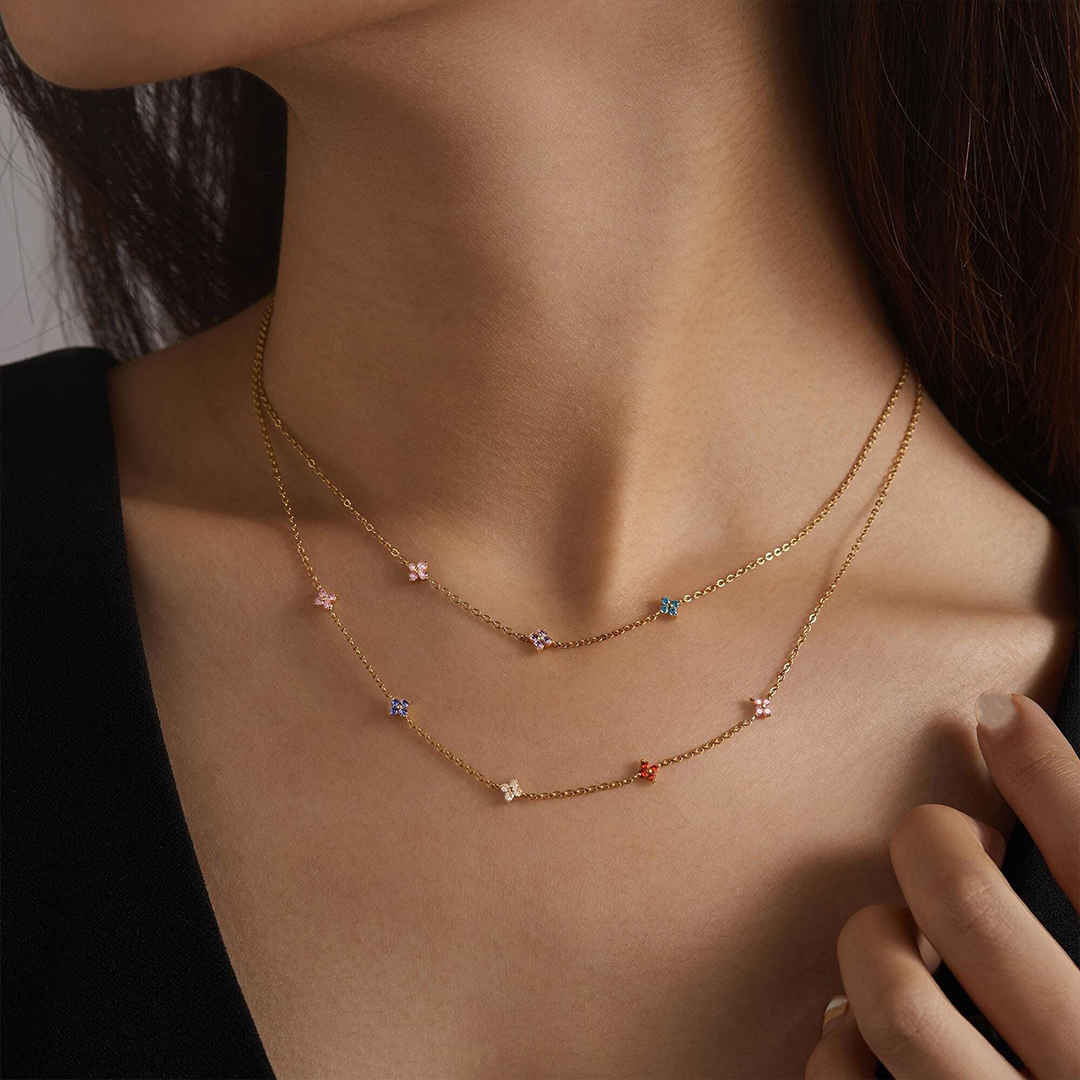 Personalized 1-6 Tiny Flower Shape Birthstones Family Necklace