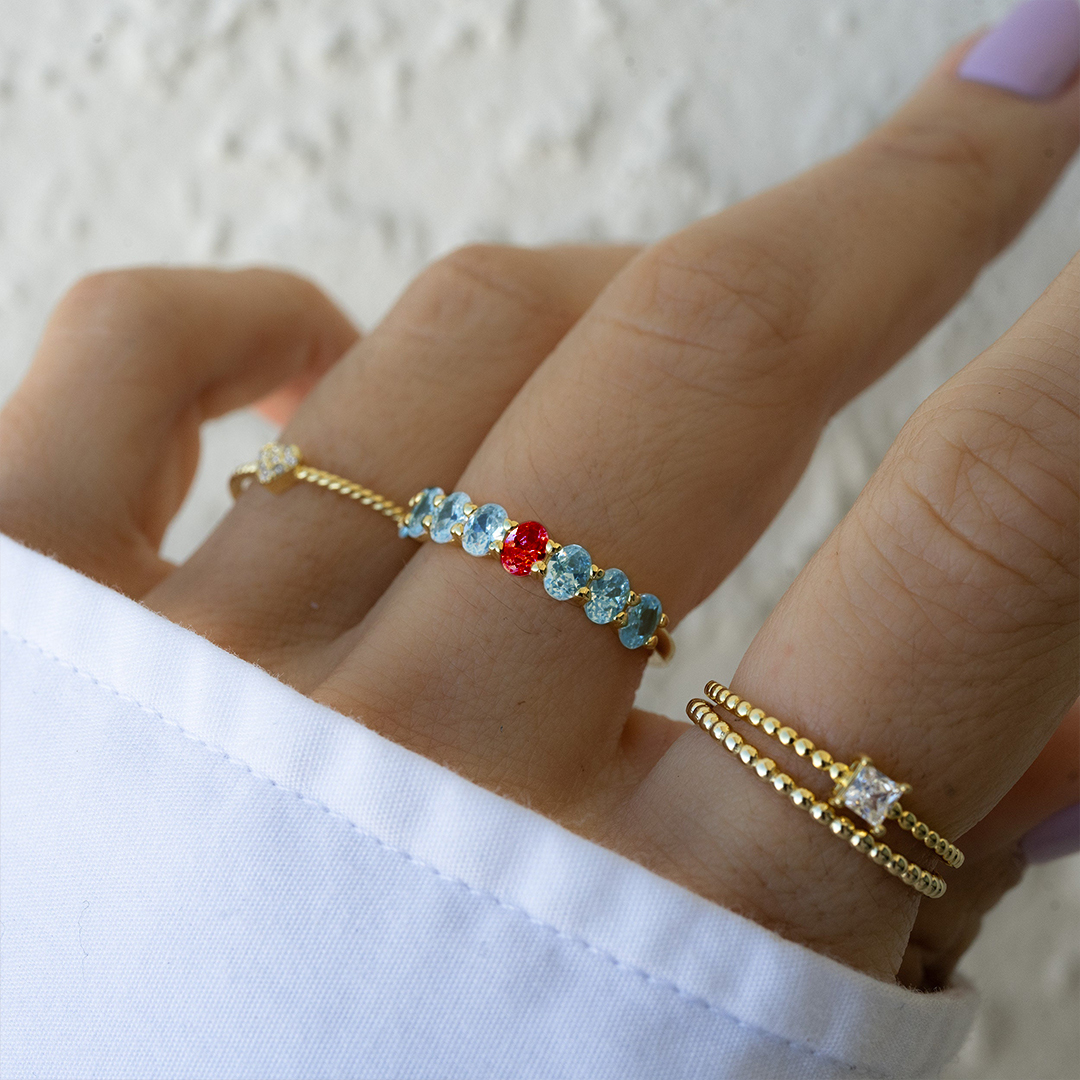 Diabetes Awareness Blue And Red Oval Diamonds Ring