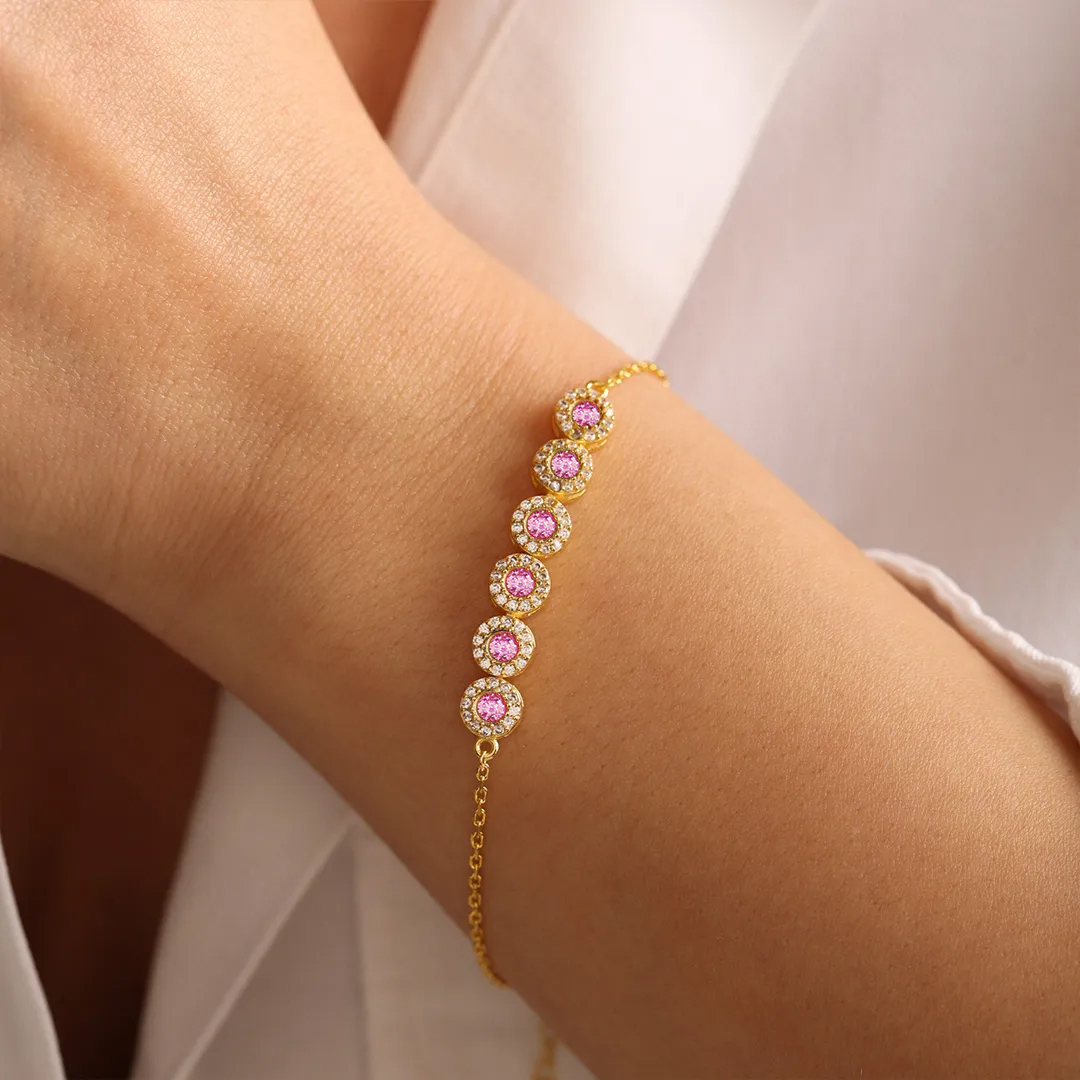 Breast Cancer Awareness Pink Round Diamond Power Bracelet