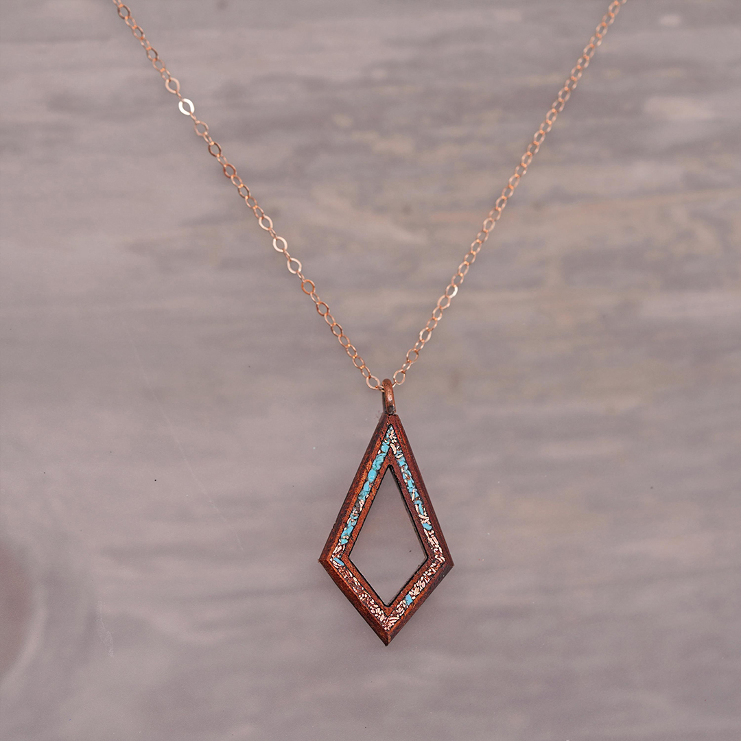 Turquoise and Copper Inlaid Koa Wood Teardrop Necklace