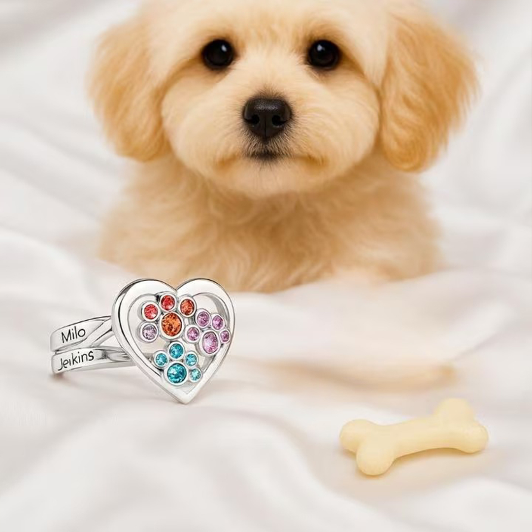 Personalized 1-3 Birthstones And Name Pawprints of Love Ring