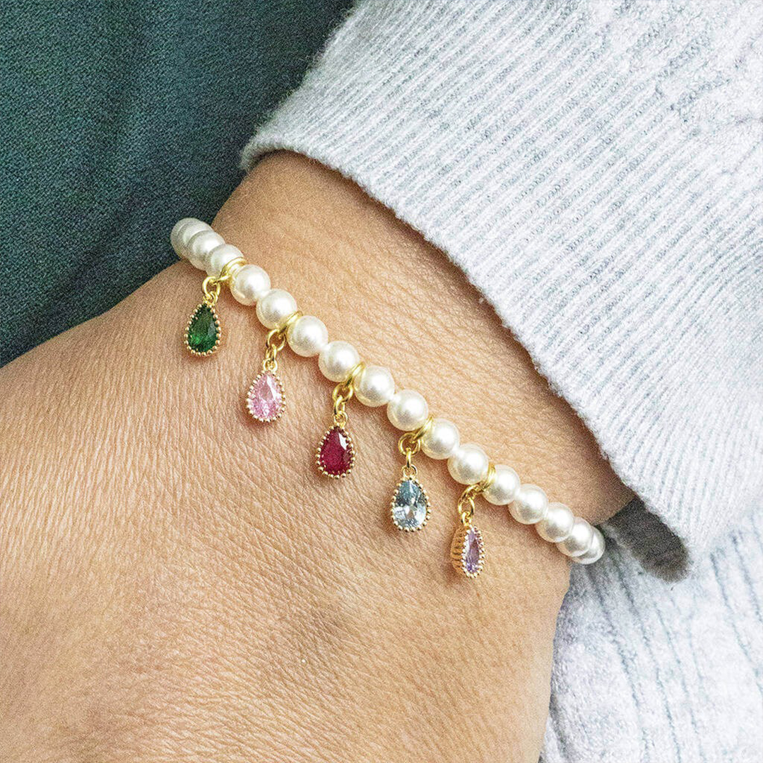 Custom 1-6 Teardrop Birthstones Pearl Bracelet
