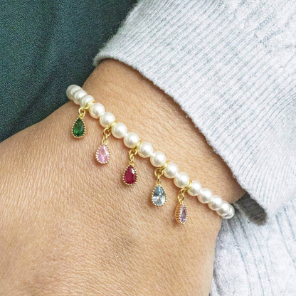 Custom 1-6 Teardrop Birthstones Pearl Bracelet