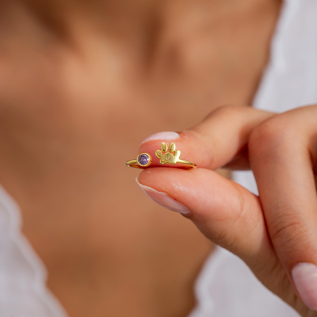 Custom Engraved Paw Birthstone Ring