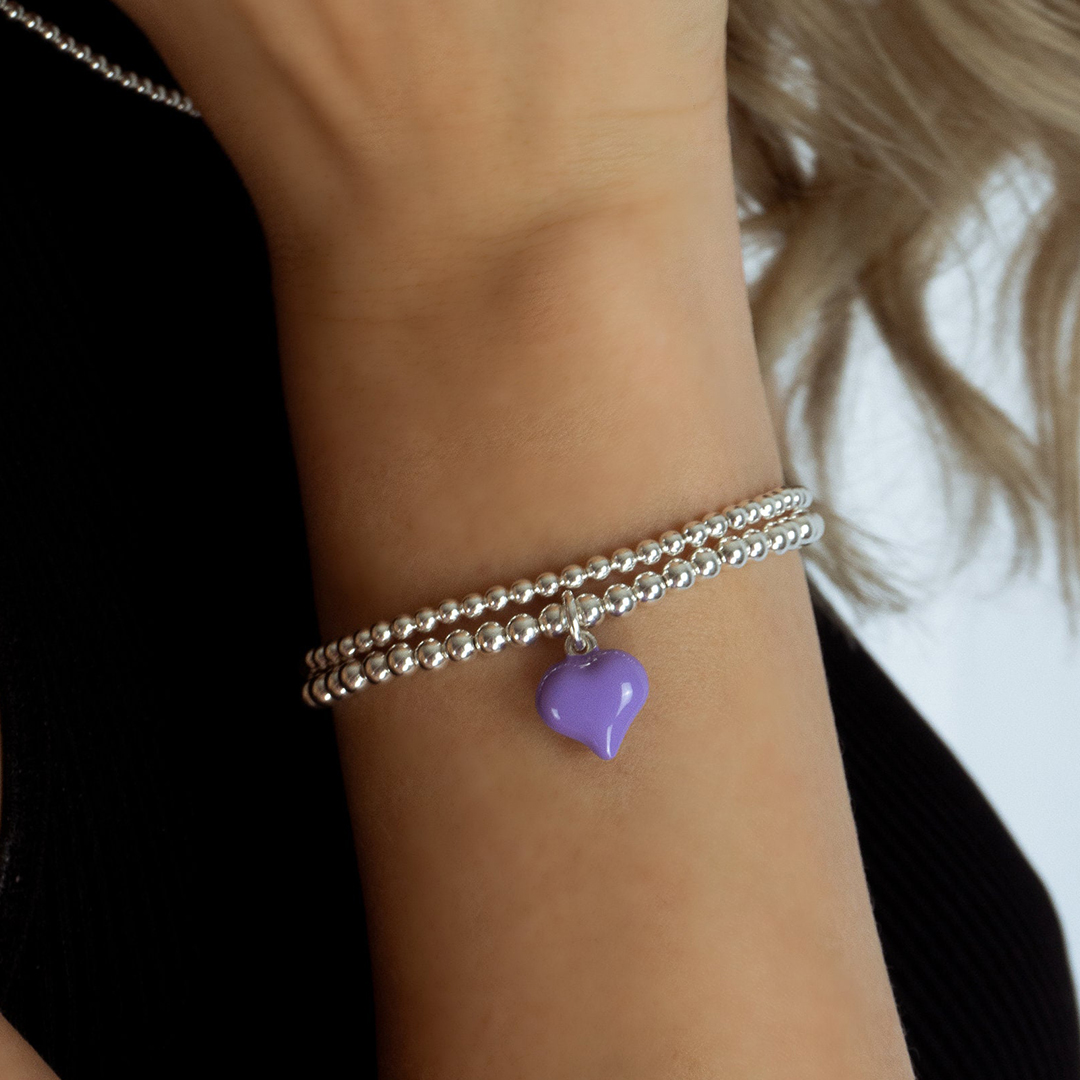 Lupus Awareness Silver Purple Puff Heart Charm Bracelet