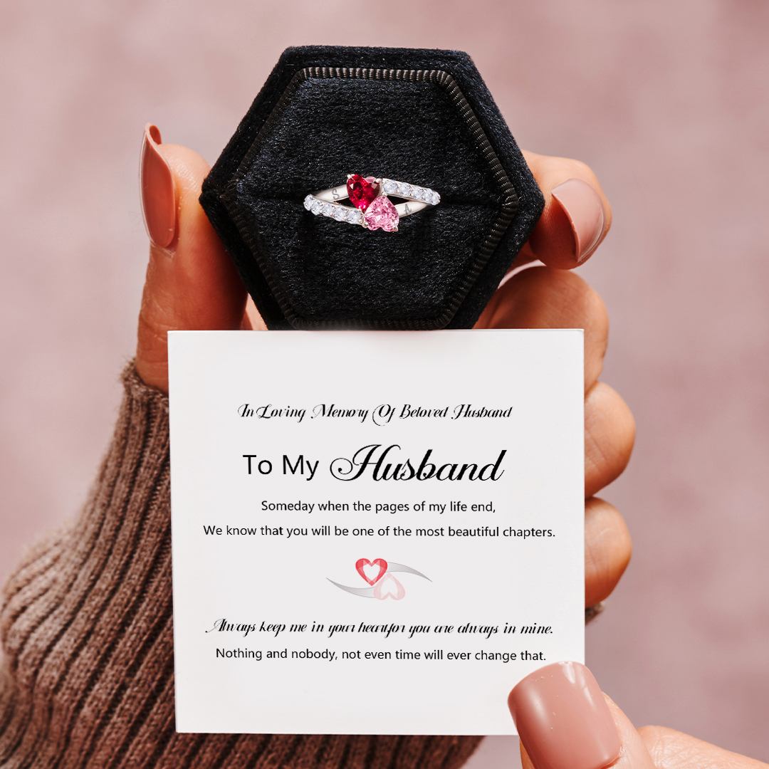 In Loving Memory Of Beloved Husband Two Heart Birthstones Ring