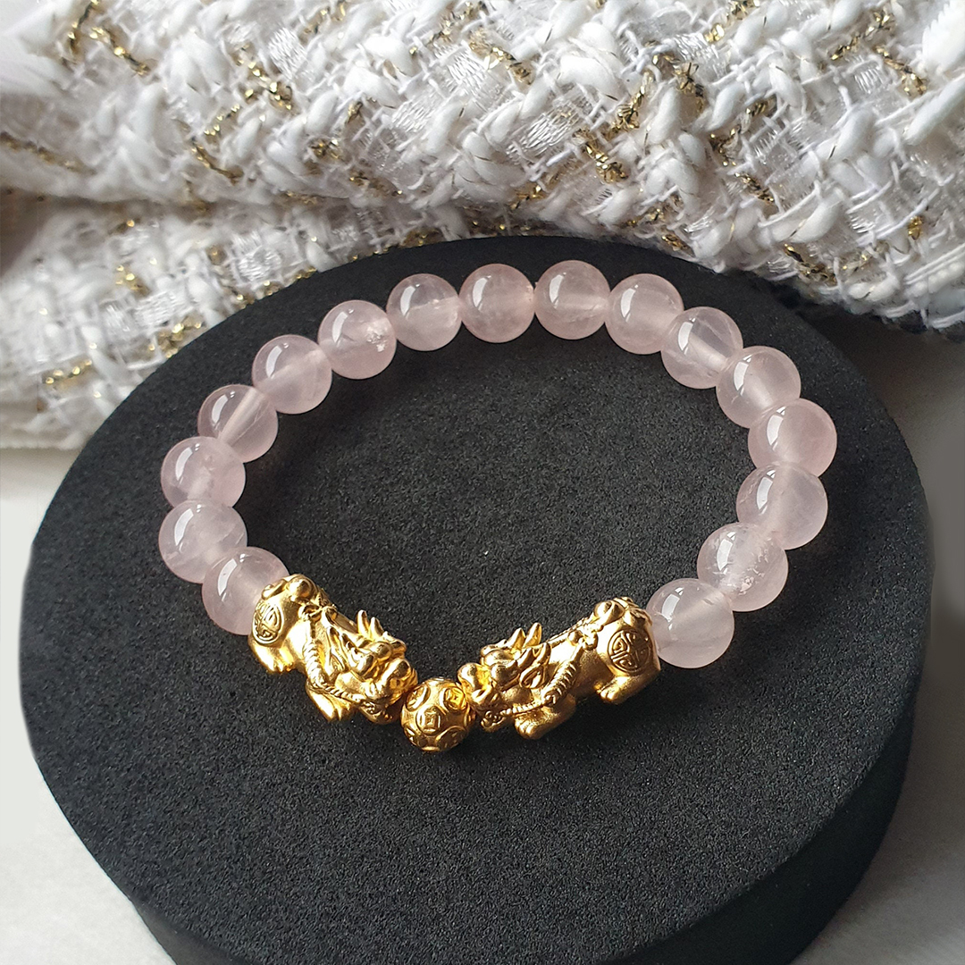 Brazilian Rose Quartz Double Pixiu Bracelet for Love, Wealth & Good Fortune