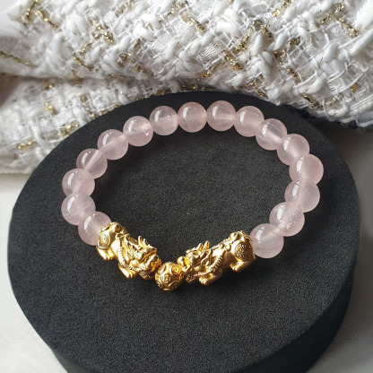 Brazilian Rose Quartz Double Pixiu Bracelet for Love, Wealth & Good Fortune