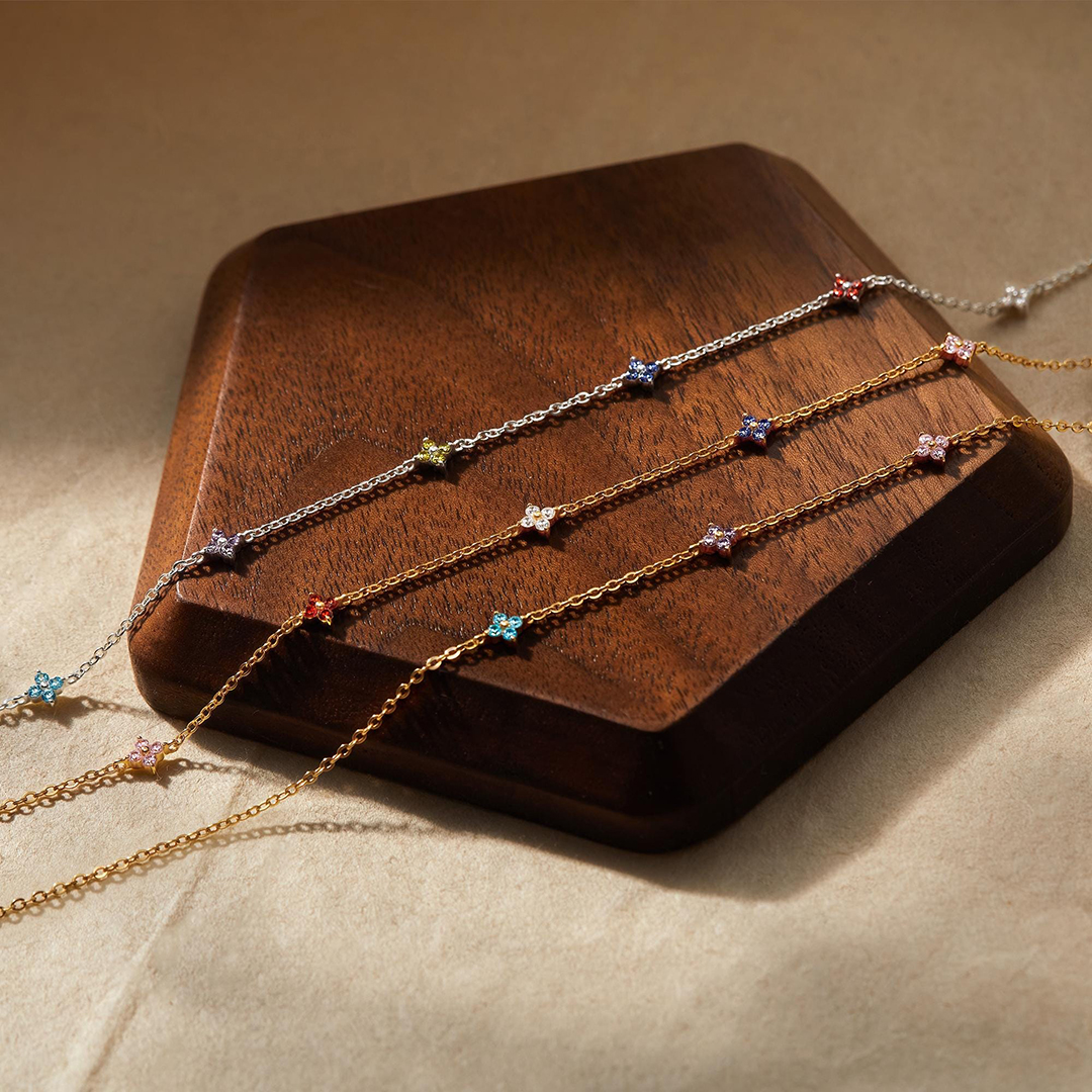 Personalized 1-6 Tiny Flower Shape Birthstones Family Necklace