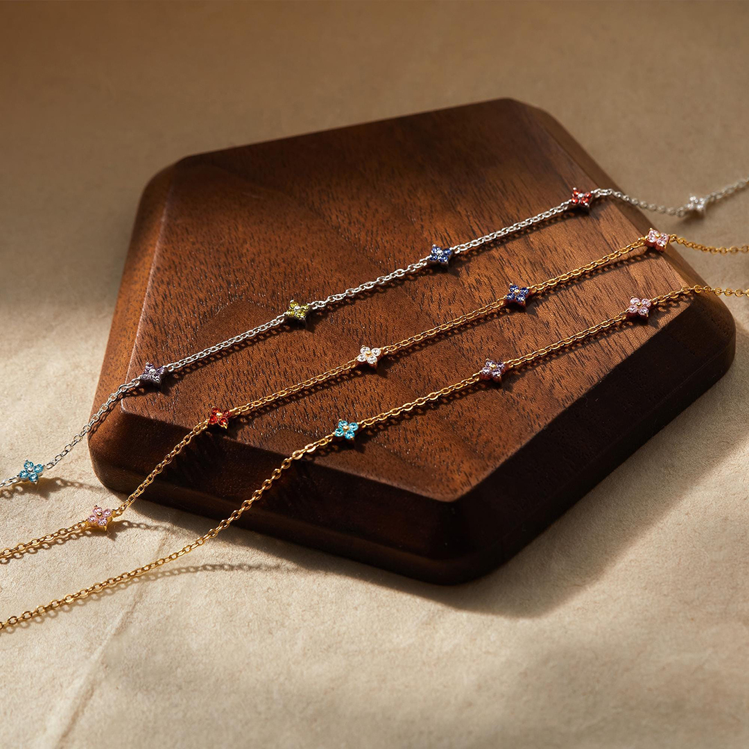 Personalized 1-6 Tiny Flower Shape Birthstones Family Necklace