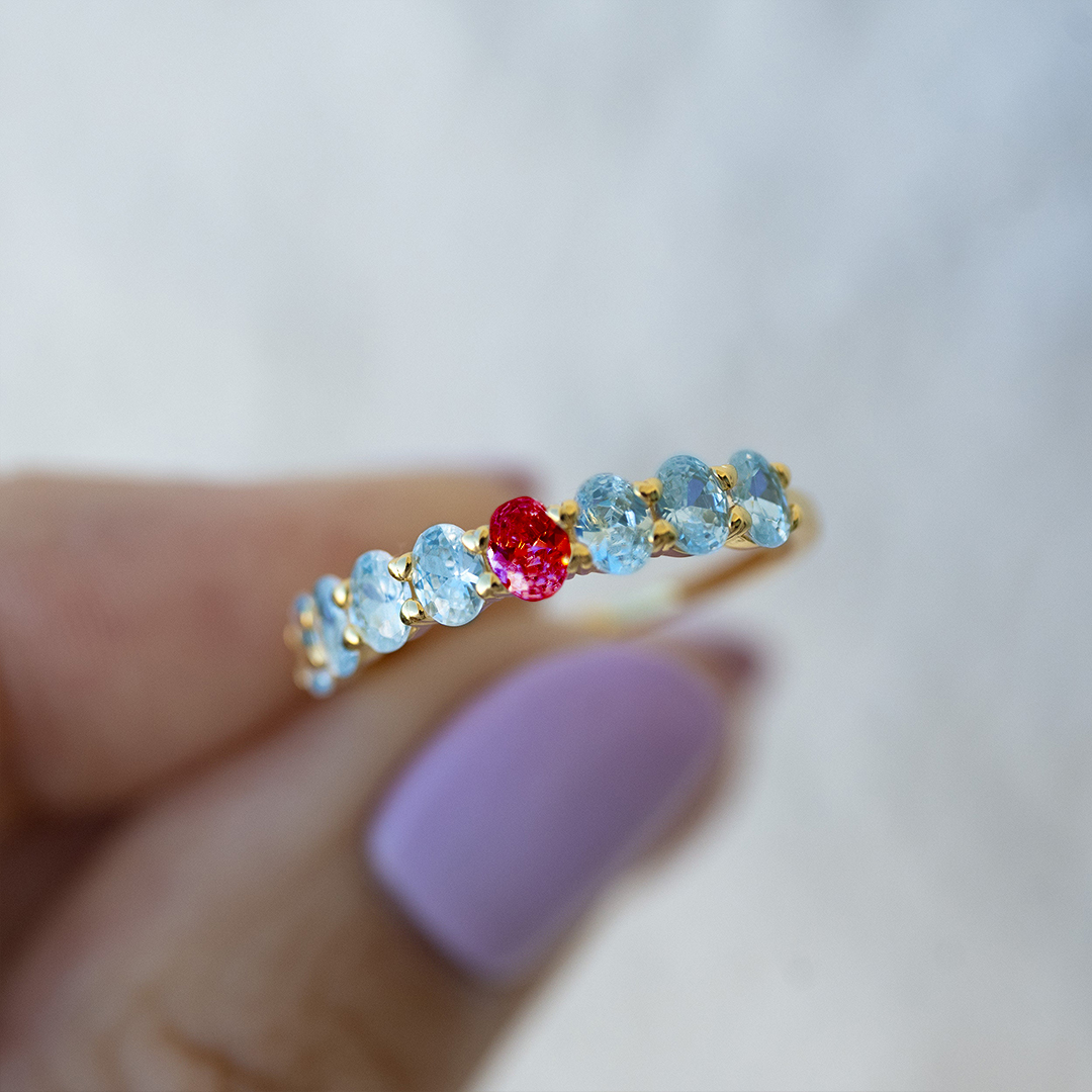Diabetes Awareness Blue And Red Oval Diamonds Ring