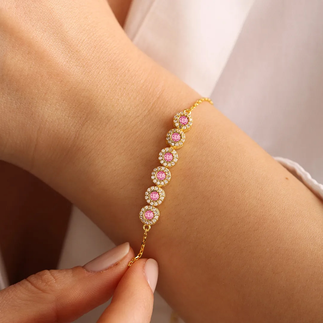 Breast Cancer Awareness Pink Round Diamond Power Bracelet