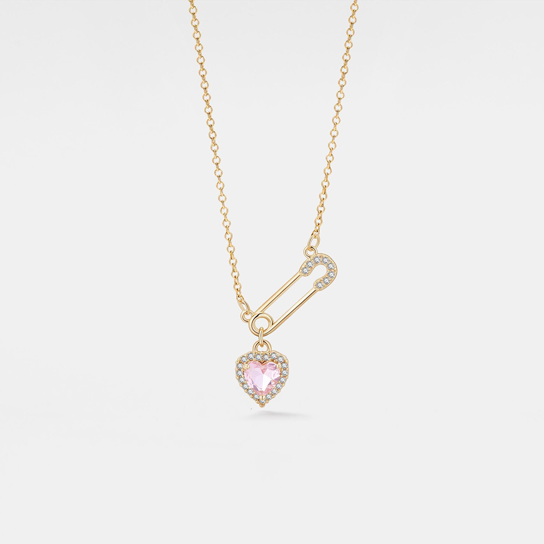 Pink Heart Safety Pin Friendship Necklace