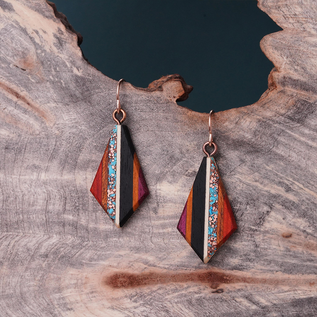 Striped Turquoise and Copper inlaid Bohemian Earrings