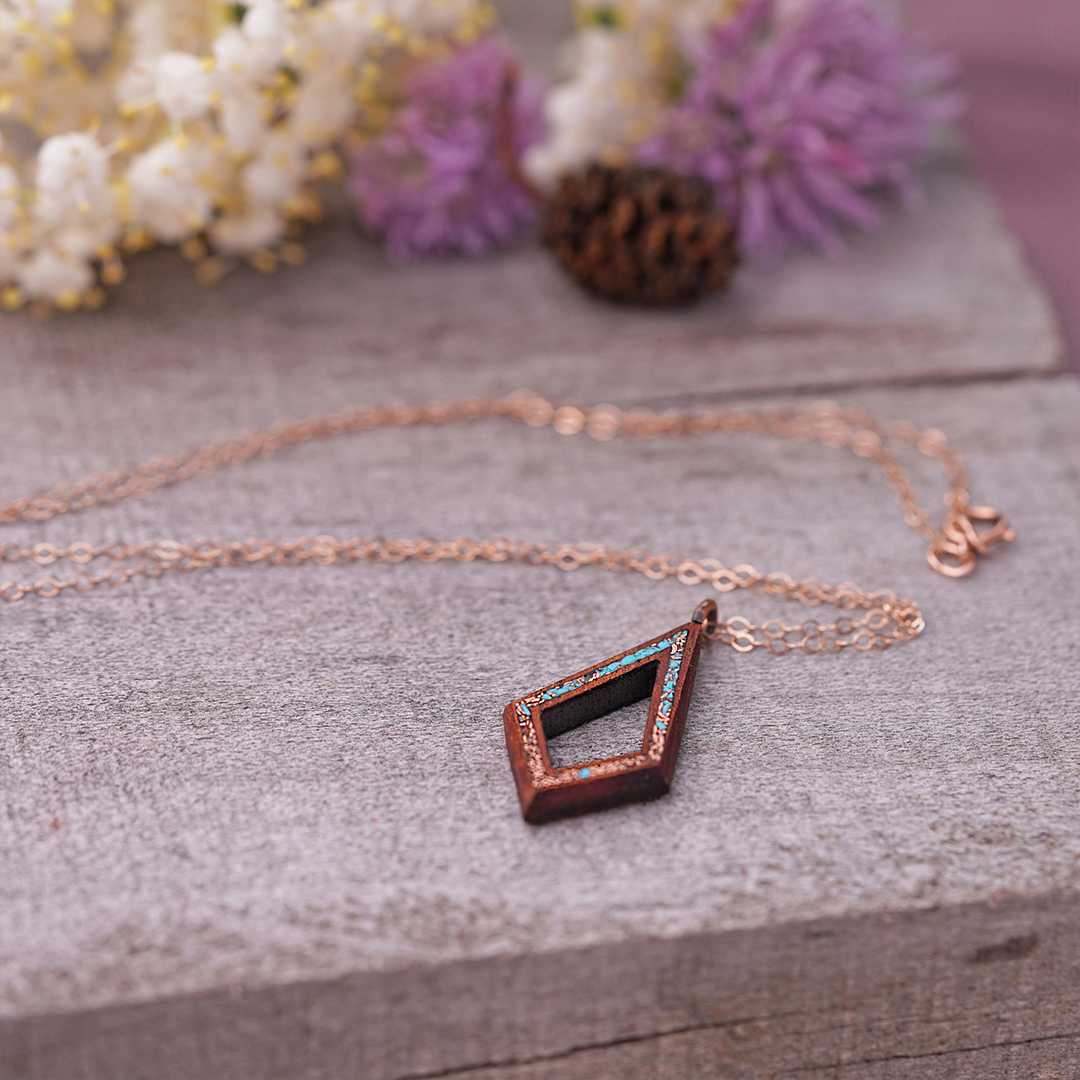 Turquoise and Copper Inlaid Koa Wood Teardrop Necklace