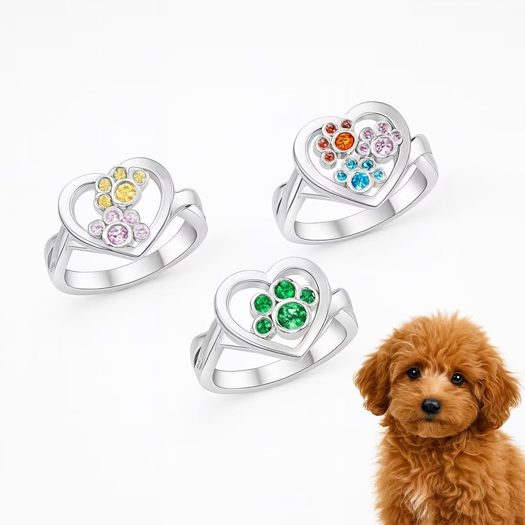Personalized 1-3 Birthstones And Name Pawprints of Love Ring