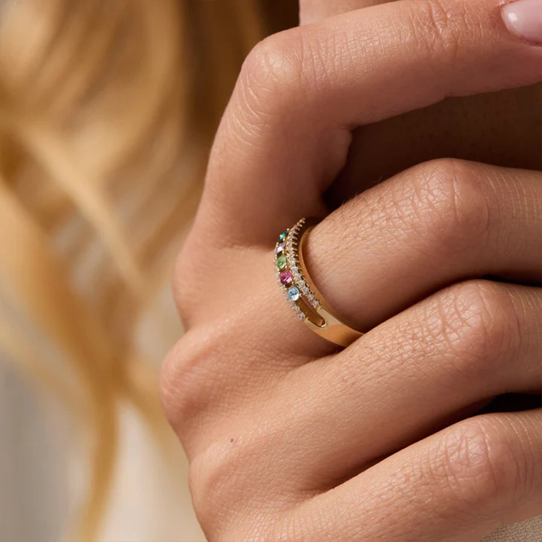 Personalized 1-6 Birthstones Double Layers Ring